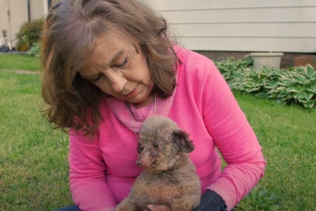 Starszy mężczyzna trzyma psa na kolanach